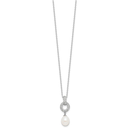 PSSN Sterling Silver Rhodium-plated 7-9mm White Teardrop Freshwater Cultured Pearl and CZ 17 inch Necklace and Post Dangle Earrings Set