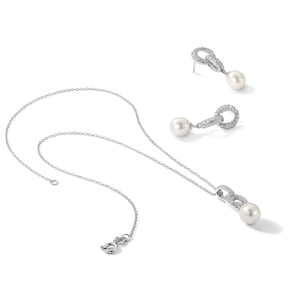 PSSN Sterling Silver Rhodium-plated 7-9mm White Teardrop Freshwater Cultured Pearl and CZ 17 inch Necklace and Post Dangle Earrings Set