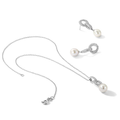PSSN Sterling Silver Rhodium-plated 7-9mm White Teardrop Freshwater Cultured Pearl and CZ 17 inch Necklace and Post Dangle Earrings Set