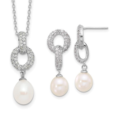 PSSN Sterling Silver Rhodium-plated 7-9mm White Teardrop Freshwater Cultured Pearl and CZ 17 inch Necklace and Post Dangle Earrings Set