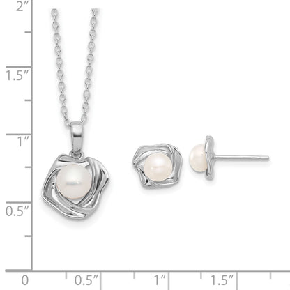 PSSN Sterling Silver Rhodium-plated 5-7mm White Button Freshwater Cultured Pearl 18 inch Necklace and Post Earrings Set
