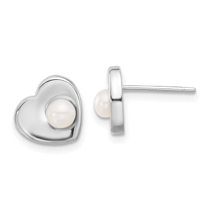 PSSN Sterling Silver Rhodium-plated 4-7mm White Button Freshwater Cultured Pearl 17.5 inch Heart Necklace and Post Earrings Set