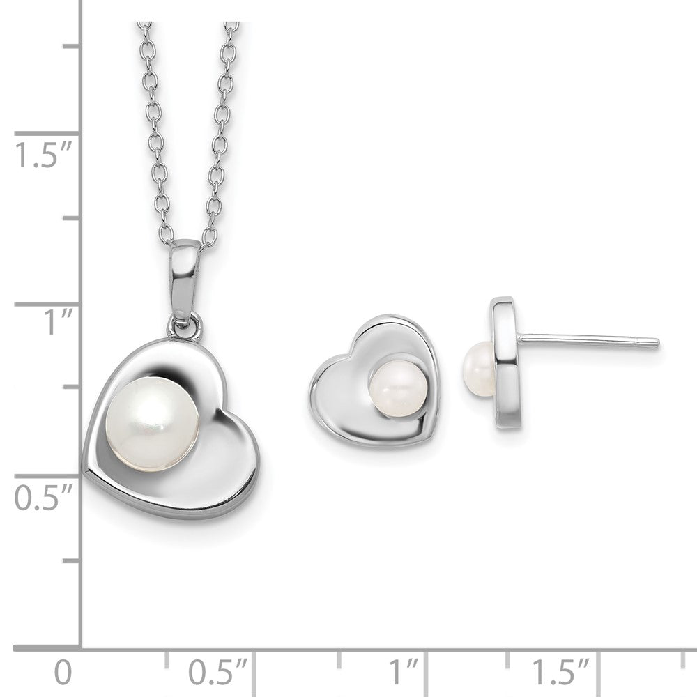 PSSN Sterling Silver Rhodium-plated 4-7mm White Button Freshwater Cultured Pearl 17.5 inch Heart Necklace and Post Earrings Set