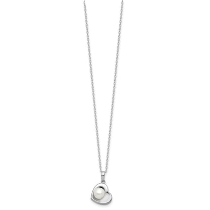 PSSN Sterling Silver Rhodium-plated 4-7mm White Button Freshwater Cultured Pearl 17.5 inch Heart Necklace and Post Earrings Set