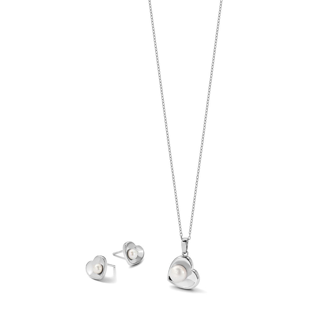 PSSN Sterling Silver Rhodium-plated 4-7mm White Button Freshwater Cultured Pearl 17.5 inch Heart Necklace and Post Earrings Set