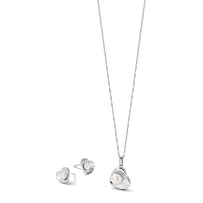 PSSN Sterling Silver Rhodium-plated 4-7mm White Button Freshwater Cultured Pearl 17.5 inch Heart Necklace and Post Earrings Set