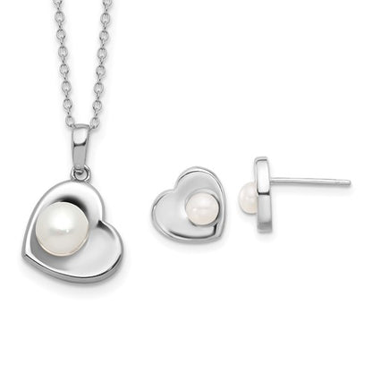 PSSN Sterling Silver Rhodium-plated 4-7mm White Button Freshwater Cultured Pearl 17.5 inch Heart Necklace and Post Earrings Set