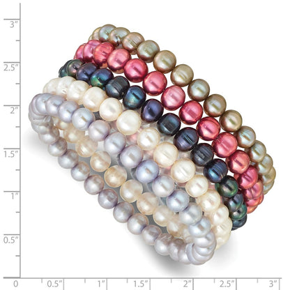 PB 7-8mm Semi-Round Grey/White/Black/Red/Green Freshwater Cultured Pearl Stretch 5-Bracelet Set