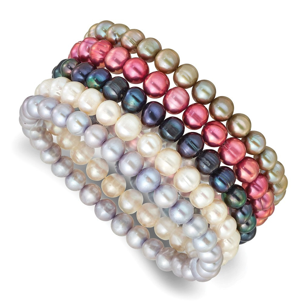PB 7-8mm Semi-Round Grey/White/Black/Red/Green Freshwater Cultured Pearl Stretch 5-Bracelet Set