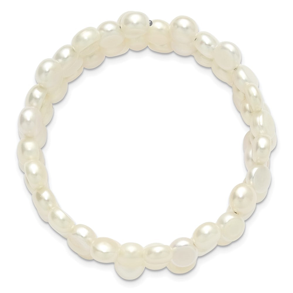 PSSB Sterling Silver Rhodium-plated 6-7mm Button White Freshwater Cultured Pearl Flexible Wrap Bracelet