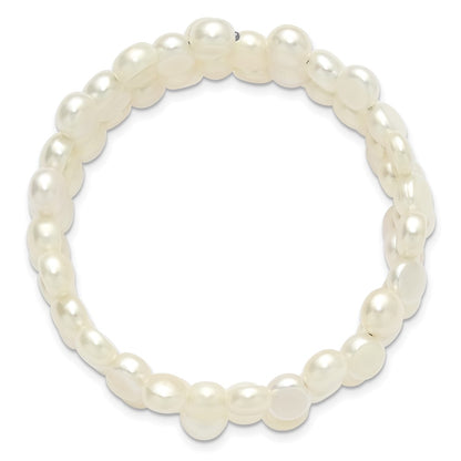 PSSB Sterling Silver Rhodium-plated 6-7mm Button White Freshwater Cultured Pearl Flexible Wrap Bracelet