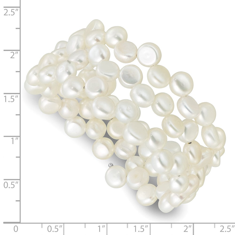 PSSB Sterling Silver Rhodium-plated 6-7mm Button White Freshwater Cultured Pearl Flexible Wrap Bracelet