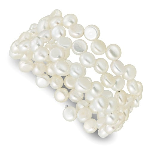 PSSB Sterling Silver Rhodium-plated 6-7mm Button White Freshwater Cultured Pearl Flexible Wrap Bracelet