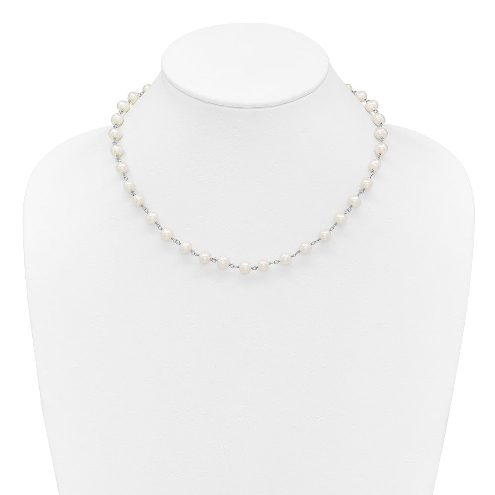 PSSN Sterling Silver Rhodium-plated 6-7mm Semi-Round White Freshwater Cultured Pearl 18 inch Necklace/7 inch Bracelet/Button Post Earring Set