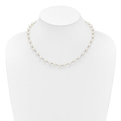 PSSN Sterling Silver Rhodium-plated 6-7mm Semi-Round White Freshwater Cultured Pearl 18 inch Necklace/7 inch Bracelet/Button Post Earring Set