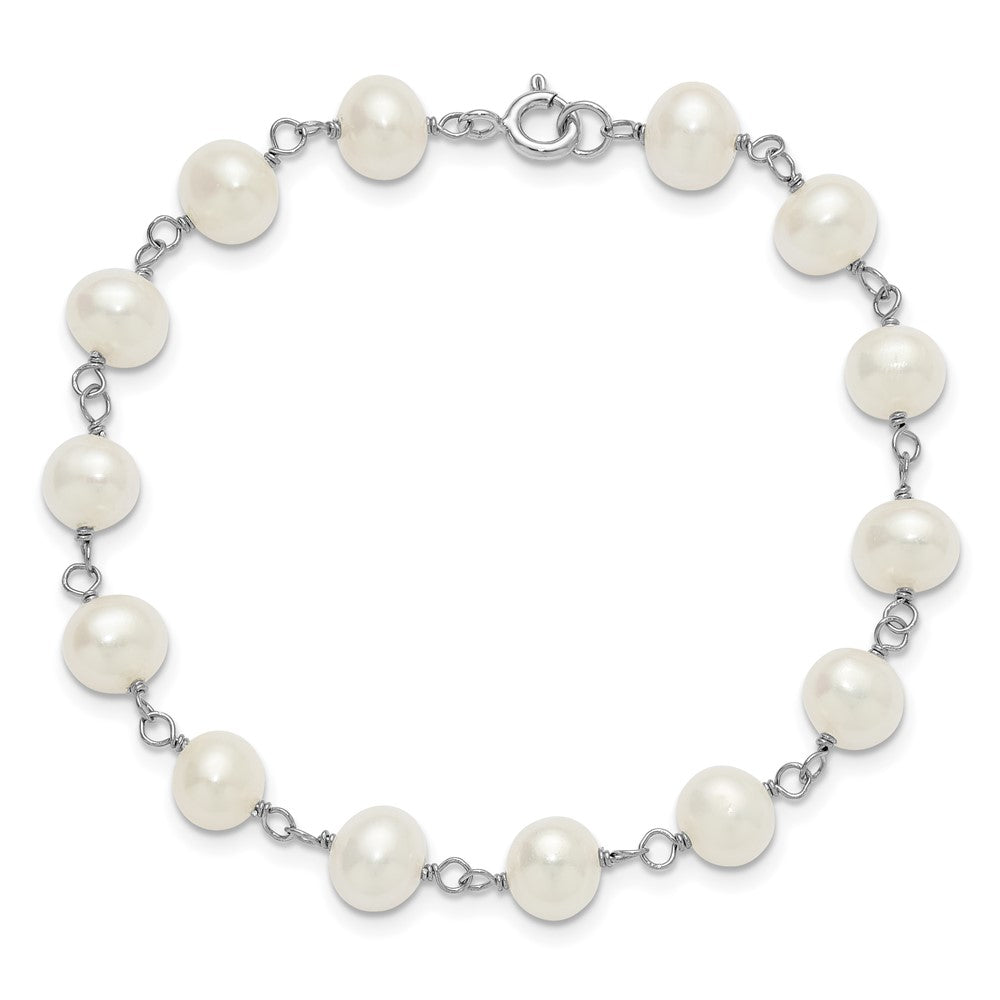 PSSN Sterling Silver Rhodium-plated 6-7mm Semi-Round White Freshwater Cultured Pearl 18 inch Necklace/7 inch Bracelet/Button Post Earring Set