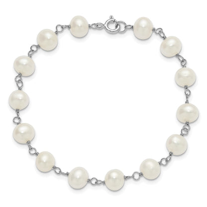 PSSN Sterling Silver Rhodium-plated 6-7mm Semi-Round White Freshwater Cultured Pearl 18 inch Necklace/7 inch Bracelet/Button Post Earring Set