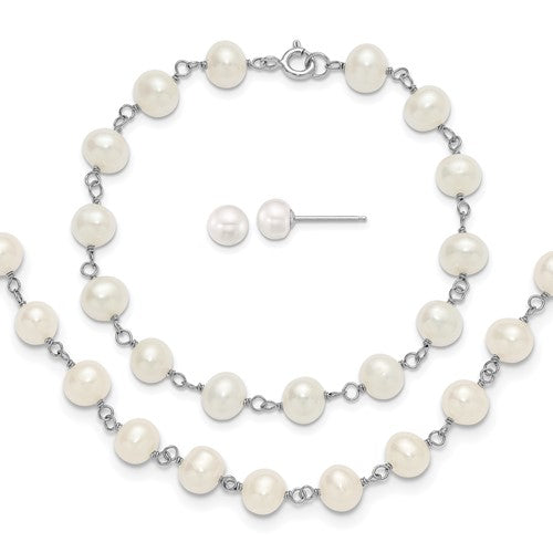PSSN Sterling Silver Rhodium-plated 6-7mm Semi-Round White Freshwater Cultured Pearl 18 inch Necklace/7 inch Bracelet/Button Post Earring Set