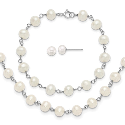 PSSN Sterling Silver Rhodium-plated 6-7mm Semi-Round White Freshwater Cultured Pearl 18 inch Necklace/7 inch Bracelet/Button Post Earring Set