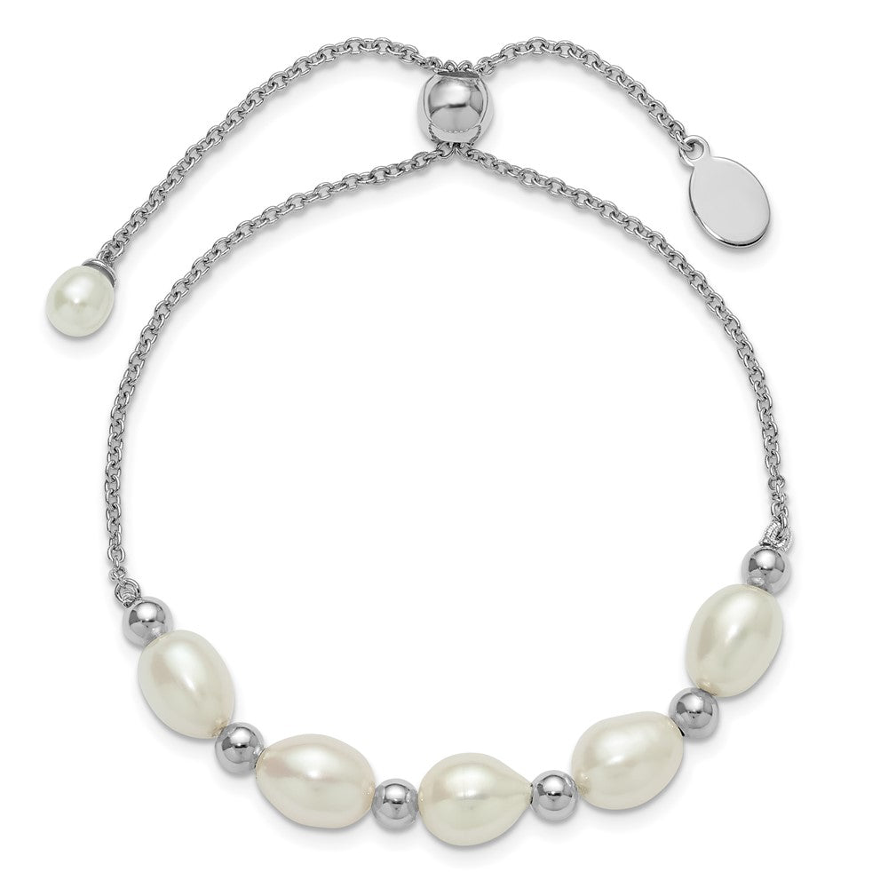 PSSB Sterling Silver Rhodium-plated Polished and Beaded 7-8mm Freshwater Cultured Rice Pearl Adjustable Bolo Bracelet