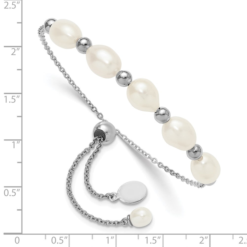 PSSB Sterling Silver Rhodium-plated Polished and Beaded 7-8mm Freshwater Cultured Rice Pearl Adjustable Bolo Bracelet