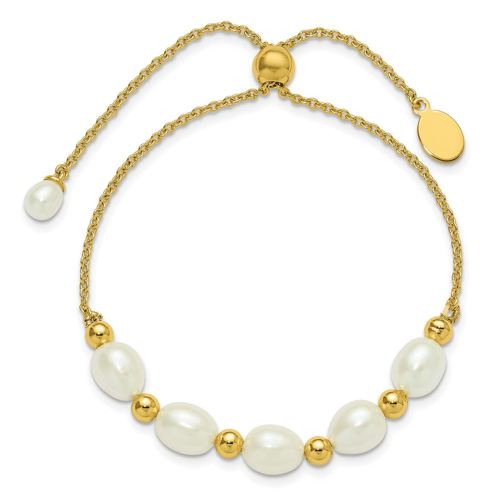 PSSB Sterling Silver Gold-tone Polished and Beaded 7-8mm Freshwater Cultured Rice Pearl Adjustable Bolo Bracelet