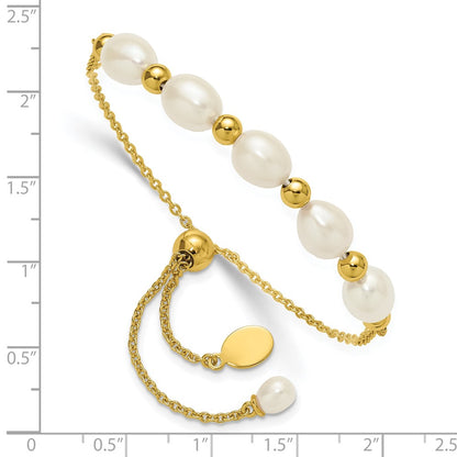 PSSB Sterling Silver Gold-tone Polished and Beaded 7-8mm Freshwater Cultured Rice Pearl Adjustable Bolo Bracelet