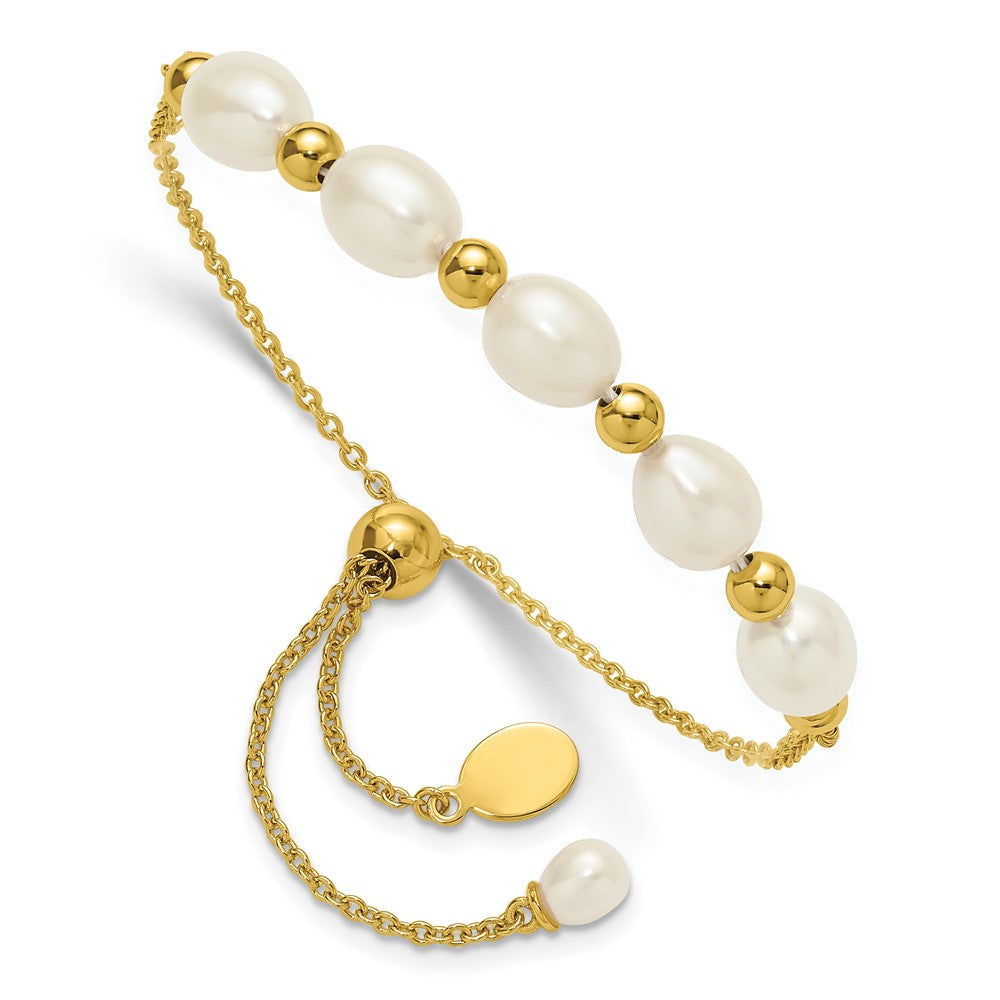 PSSB Sterling Silver Gold-tone Polished and Beaded 7-8mm Freshwater Cultured Rice Pearl Adjustable Bolo Bracelet