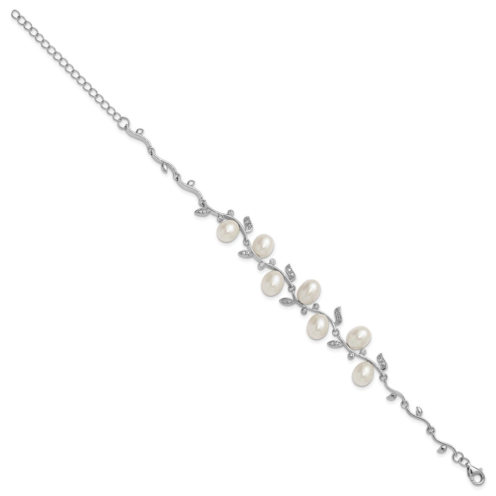PSSB Sterling Silver Rhodium-plated 6-8mm Teardrop White Freshwater Cultured Pearl and CZ Leaf 7 inch with 1 inch Extender Bracelet