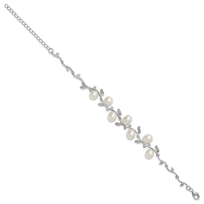 PSSB Sterling Silver Rhodium-plated 6-8mm Teardrop White Freshwater Cultured Pearl and CZ Leaf 7 inch with 1 inch Extender Bracelet