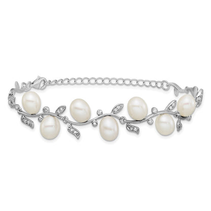 PSSB Sterling Silver Rhodium-plated 6-8mm Teardrop White Freshwater Cultured Pearl and CZ Leaf 7 inch with 1 inch Extender Bracelet