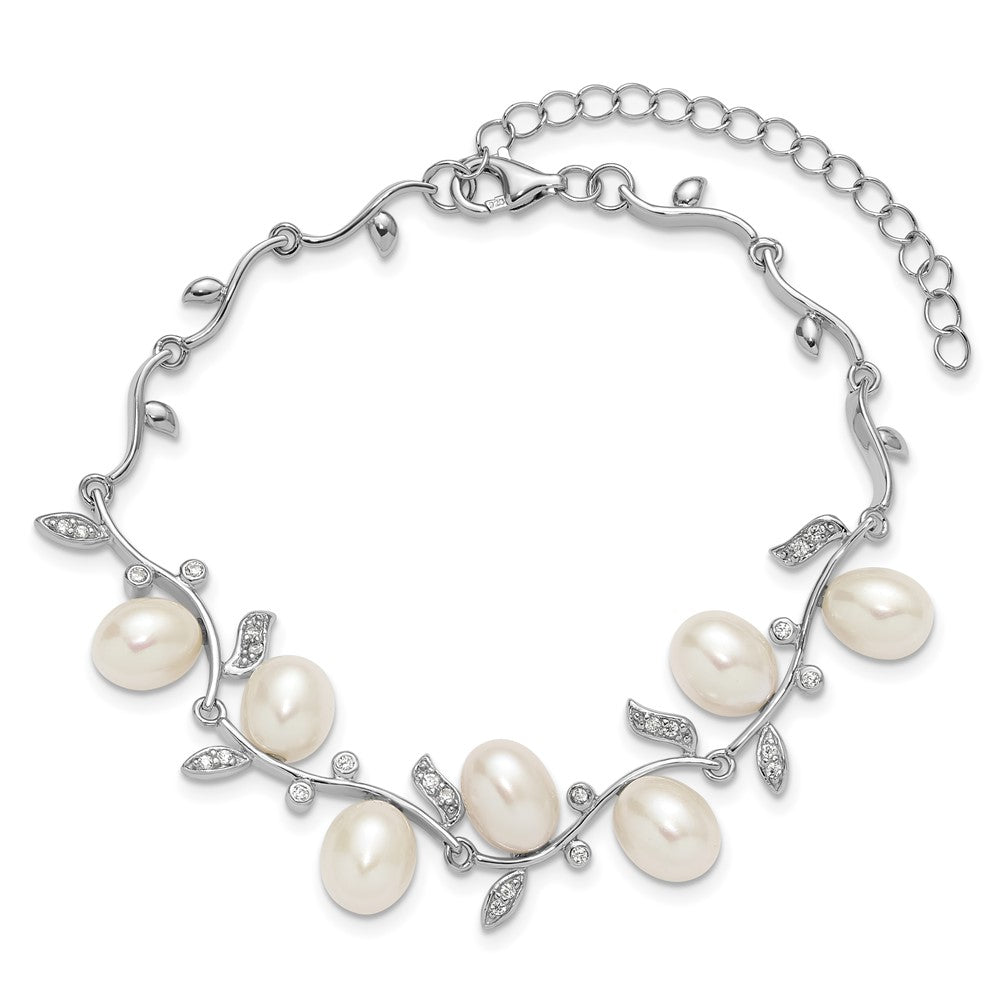PSSB Sterling Silver Rhodium-plated 6-8mm Teardrop White Freshwater Cultured Pearl and CZ Leaf 7 inch with 1 inch Extender Bracelet