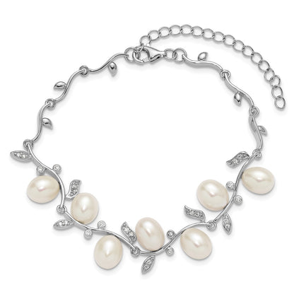 PSSB Sterling Silver Rhodium-plated 6-8mm Teardrop White Freshwater Cultured Pearl and CZ Leaf 7 inch with 1 inch Extender Bracelet
