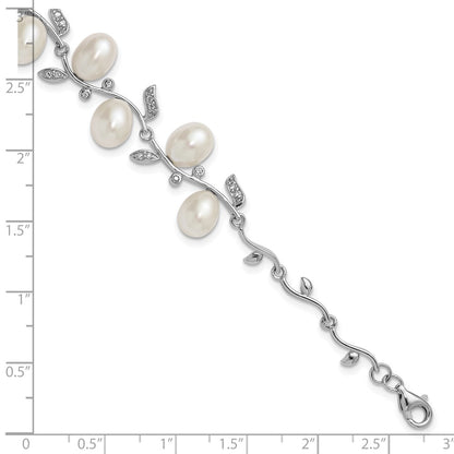 PSSB Sterling Silver Rhodium-plated 6-8mm Teardrop White Freshwater Cultured Pearl and CZ Leaf 7 inch with 1 inch Extender Bracelet