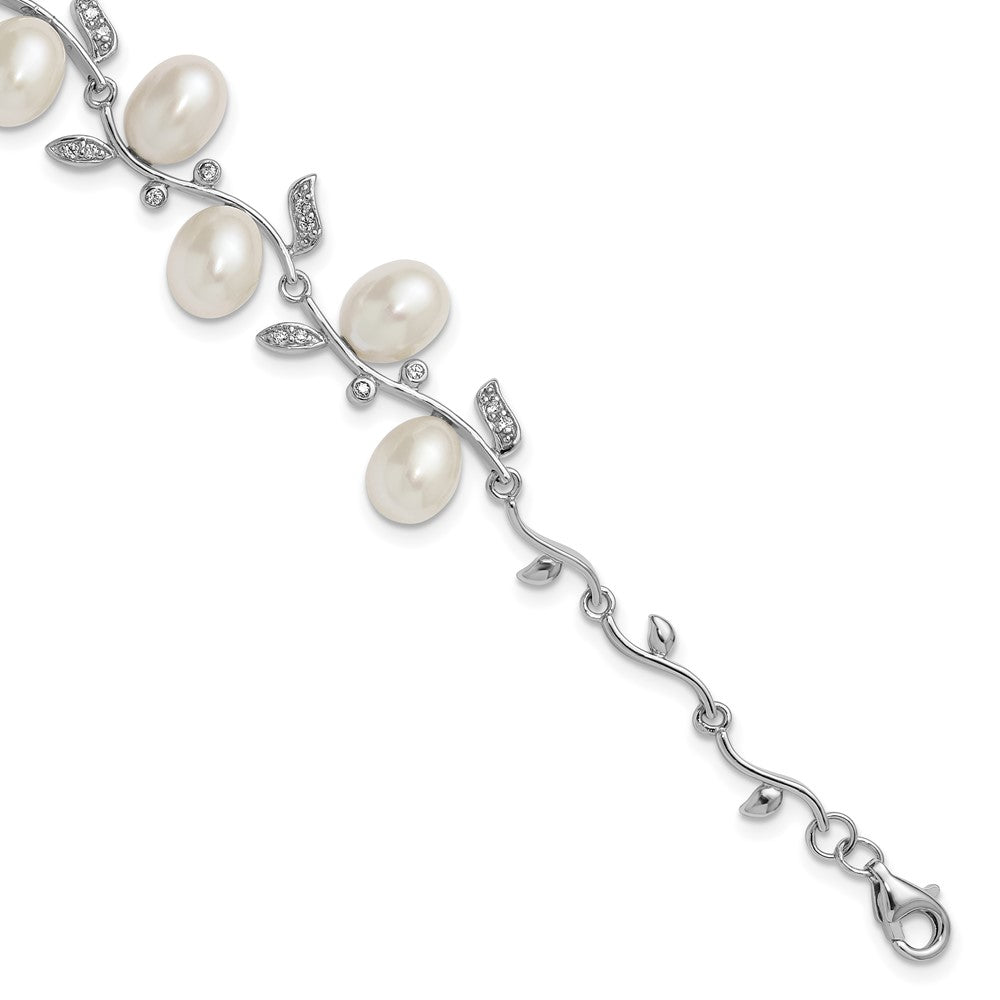 PSSB Sterling Silver Rhodium-plated 6-8mm Teardrop White Freshwater Cultured Pearl and CZ Leaf 7 inch with 1 inch Extender Bracelet