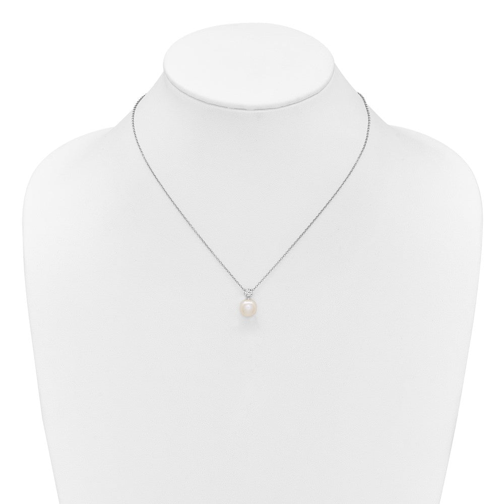 PSSN Sterling Silver Rhodium-plated 7-9mm Button White Freshwater Cultured Pearl and CZ 17 inch Necklace and Post Earring Set