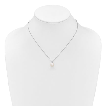 PSSN Sterling Silver Rhodium-plated 7-9mm Button White Freshwater Cultured Pearl and CZ 17 inch Necklace and Post Earring Set