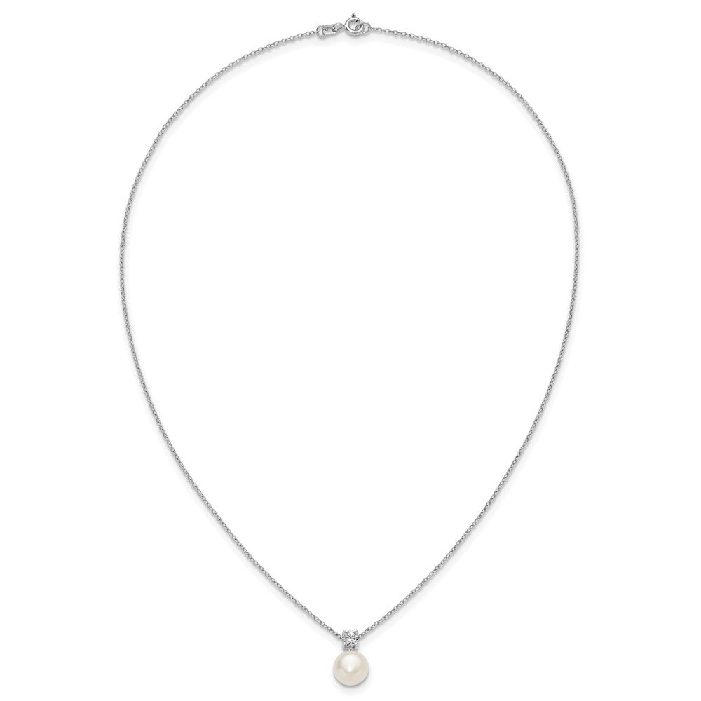 PSSN Sterling Silver Rhodium-plated 7-9mm Button White Freshwater Cultured Pearl and CZ 17 inch Necklace and Post Earring Set