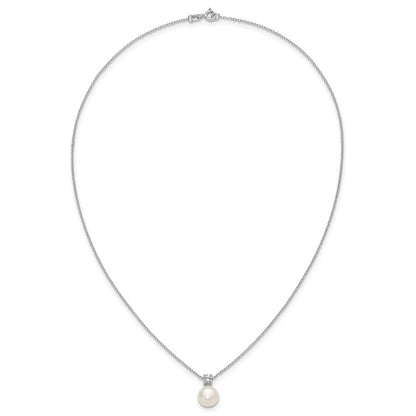 PSSN Sterling Silver Rhodium-plated 7-9mm Button White Freshwater Cultured Pearl and CZ 17 inch Necklace and Post Earring Set
