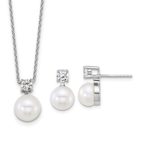 PSSN Sterling Silver Rhodium-plated 7-9mm Button White Freshwater Cultured Pearl and CZ 17 inch Necklace and Post Earring Set