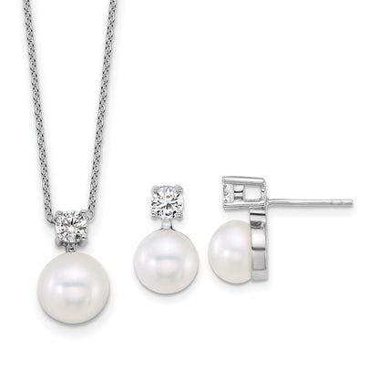 PSSN Sterling Silver Rhodium-plated 7-9mm Button White Freshwater Cultured Pearl and CZ 17 inch Necklace and Post Earring Set