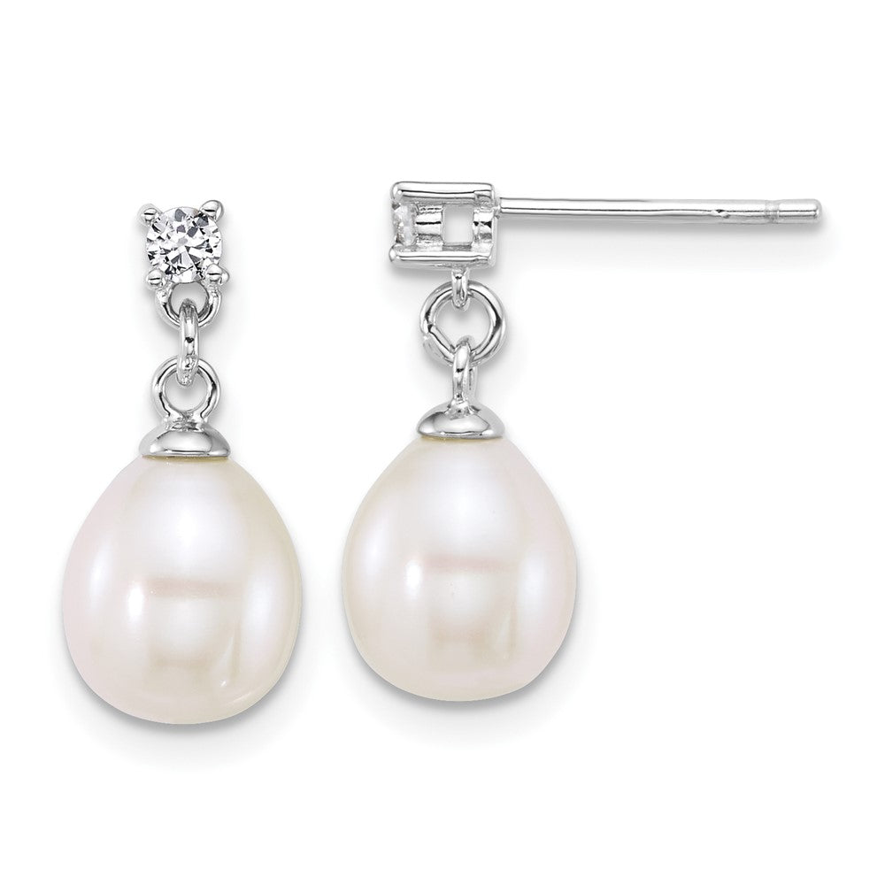 PSSN Sterling Silver Rhodium-plated 7-9mm Teardrop White Freshwater Cultured Pearl and CZ 17 inch Necklace and Dangle Post Earring Set