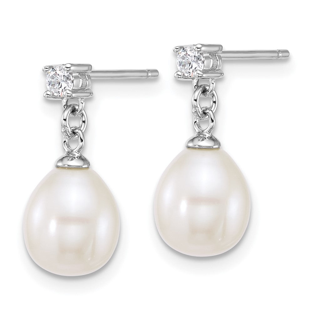 PSSN Sterling Silver Rhodium-plated 7-9mm Teardrop White Freshwater Cultured Pearl and CZ 17 inch Necklace and Dangle Post Earring Set