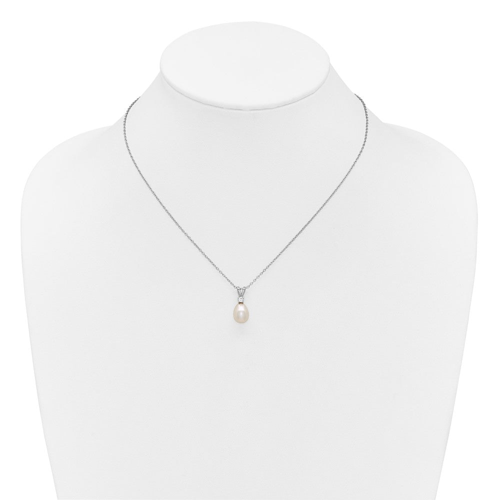 PSSN Sterling Silver Rhodium-plated 7-9mm Teardrop White Freshwater Cultured Pearl and CZ 17 inch Necklace and Dangle Post Earring Set