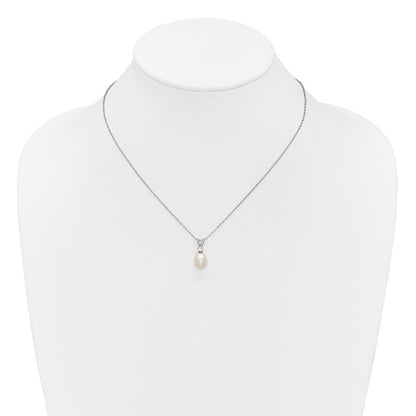 PSSN Sterling Silver Rhodium-plated 7-9mm Teardrop White Freshwater Cultured Pearl and CZ 17 inch Necklace and Dangle Post Earring Set