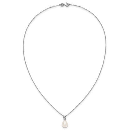 PSSN Sterling Silver Rhodium-plated 7-9mm Teardrop White Freshwater Cultured Pearl and CZ 17 inch Necklace and Dangle Post Earring Set