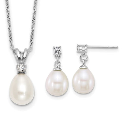 PSSN Sterling Silver Rhodium-plated 7-9mm Teardrop White Freshwater Cultured Pearl and CZ 17 inch Necklace and Dangle Post Earring Set