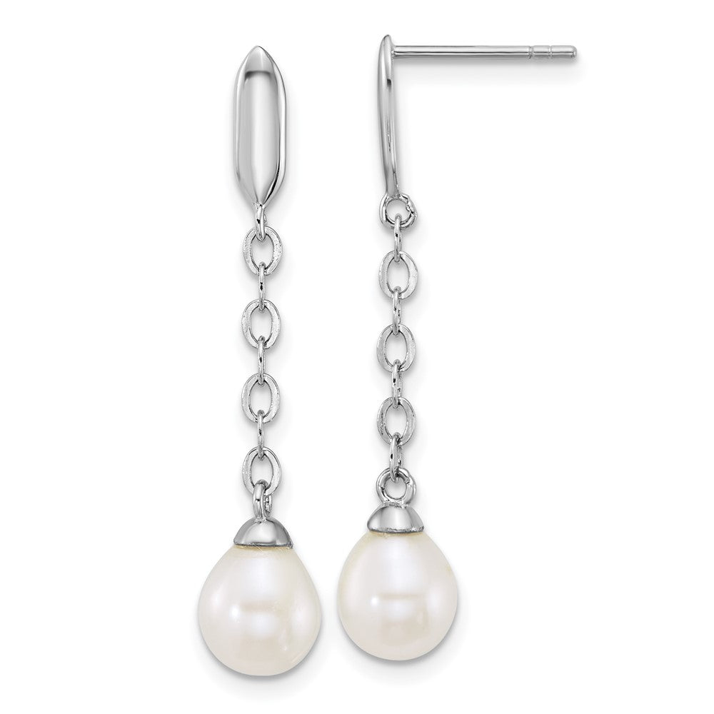 PSSN Sterling Silver Rhodium-plated 6-9mm Teardrop White Freshwater Cultured Pearl 16 inch Y-Necklace and Chain Dangle Post Earring Set