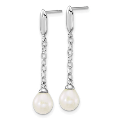 PSSN Sterling Silver Rhodium-plated 6-9mm Teardrop White Freshwater Cultured Pearl 16 inch Y-Necklace and Chain Dangle Post Earring Set