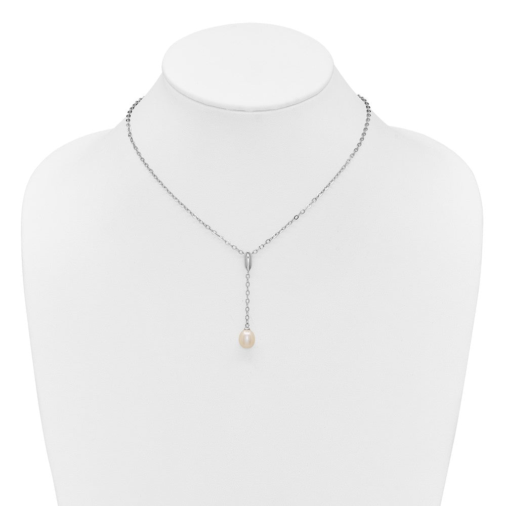 PSSN Sterling Silver Rhodium-plated 6-9mm Teardrop White Freshwater Cultured Pearl 16 inch Y-Necklace and Chain Dangle Post Earring Set